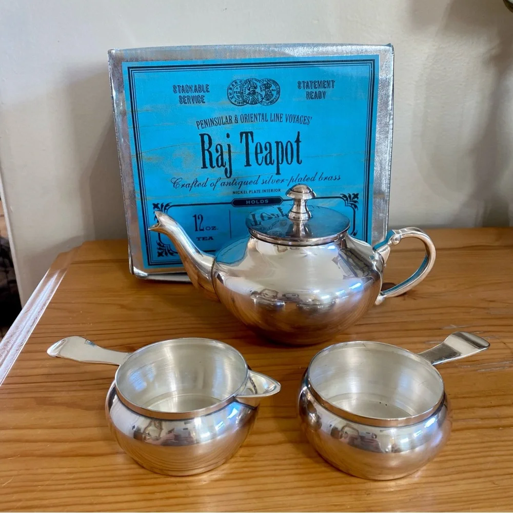 Vintage Raj Teapot Stackable Set Creamer Sugar Silver Plated With Box Gift